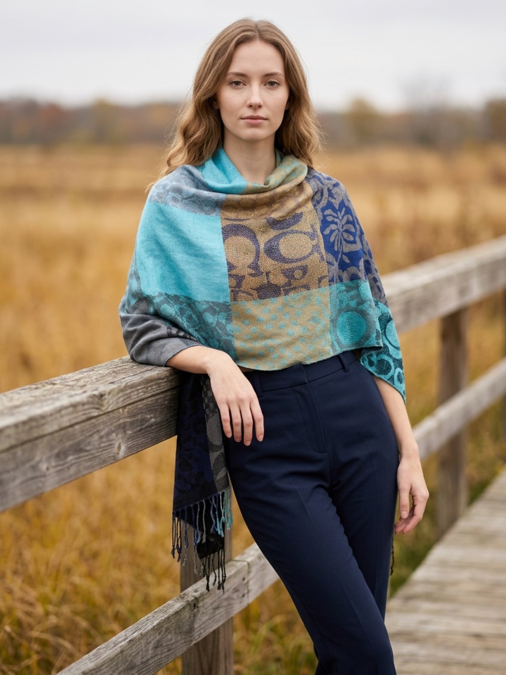 Women's Teal & Blue Patterned Wrap Shawl